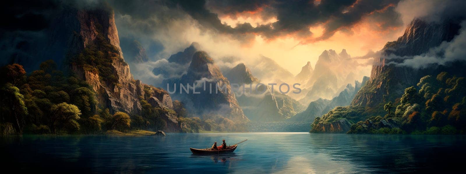 Boat on a mountain river. Generative AI, by yanadjana