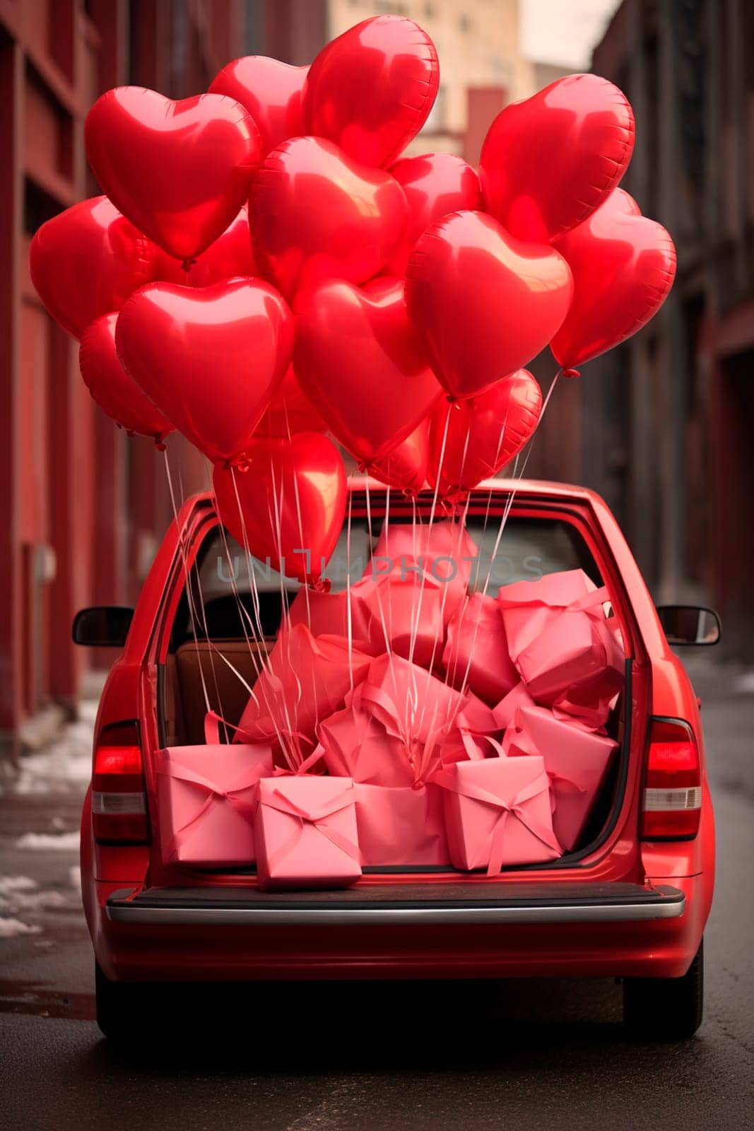 Red car with balloons delivering gifts for Valentine's Day. Generative AI, by yanadjana