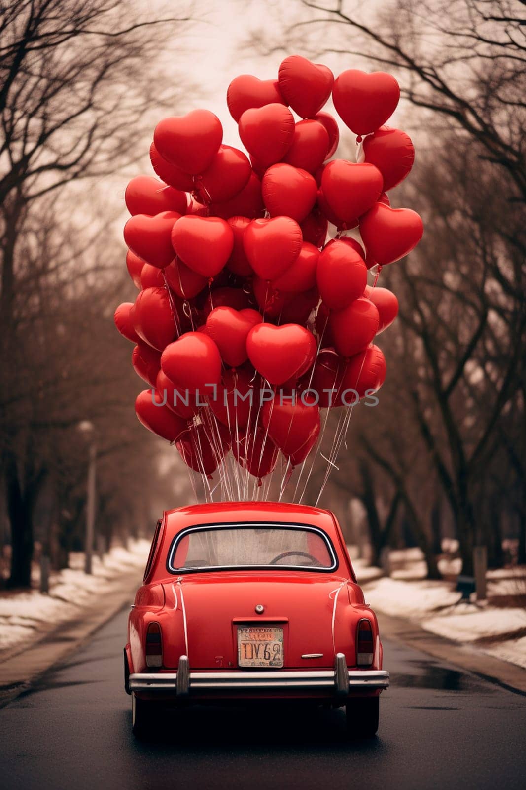 Red car with balloons delivering gifts for Valentine's Day. Generative AI, by yanadjana