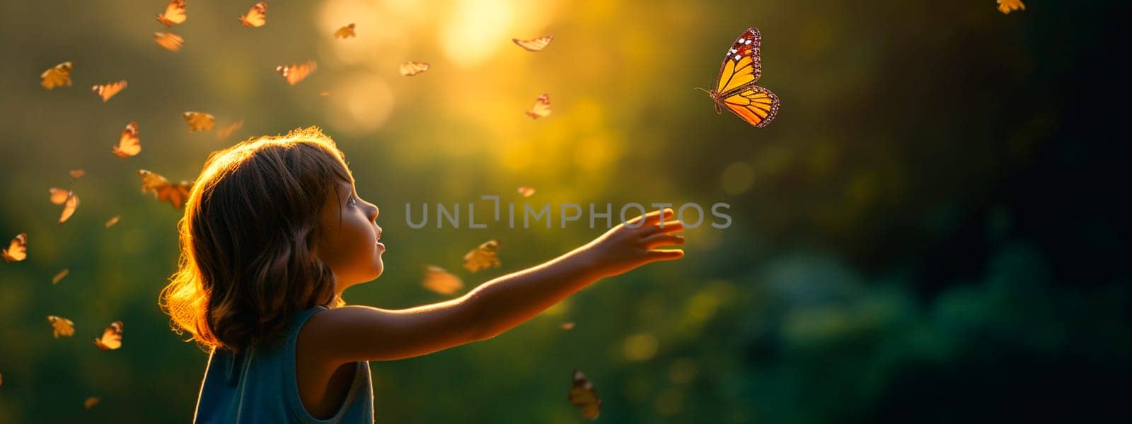A child catches butterflies in nature. Generative AI, Kid.