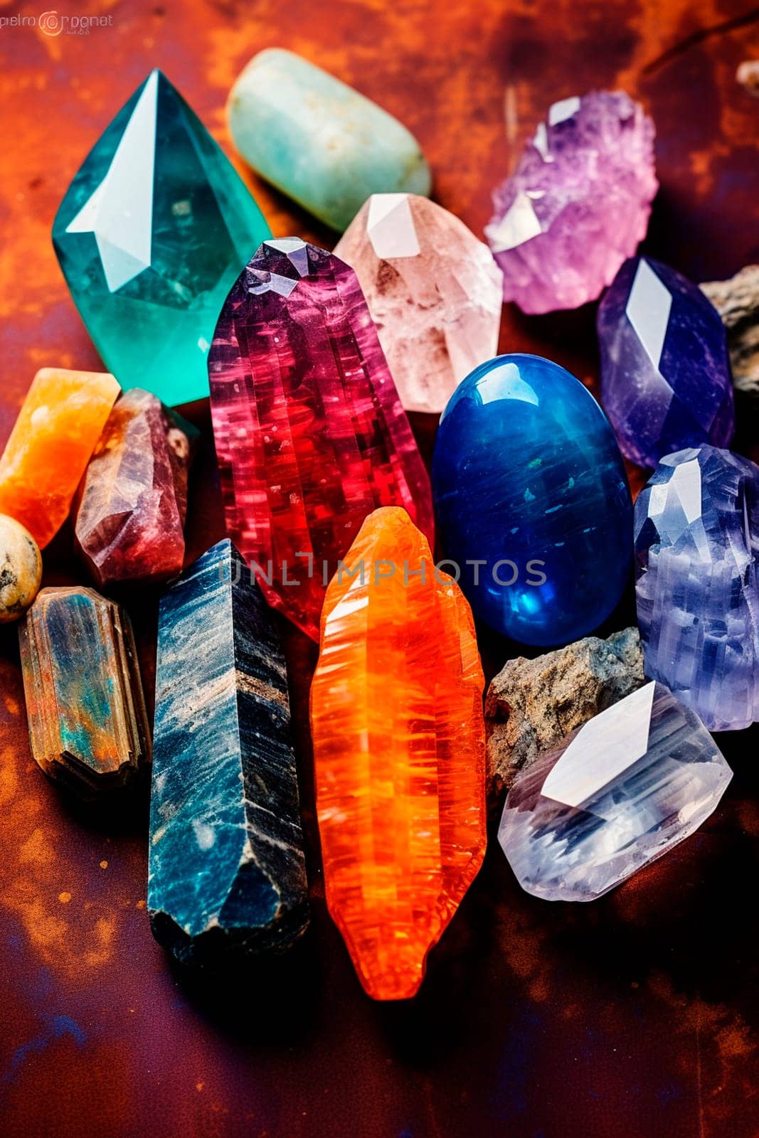 Crystals of different shapes and different colors. Generative AI, Nature.