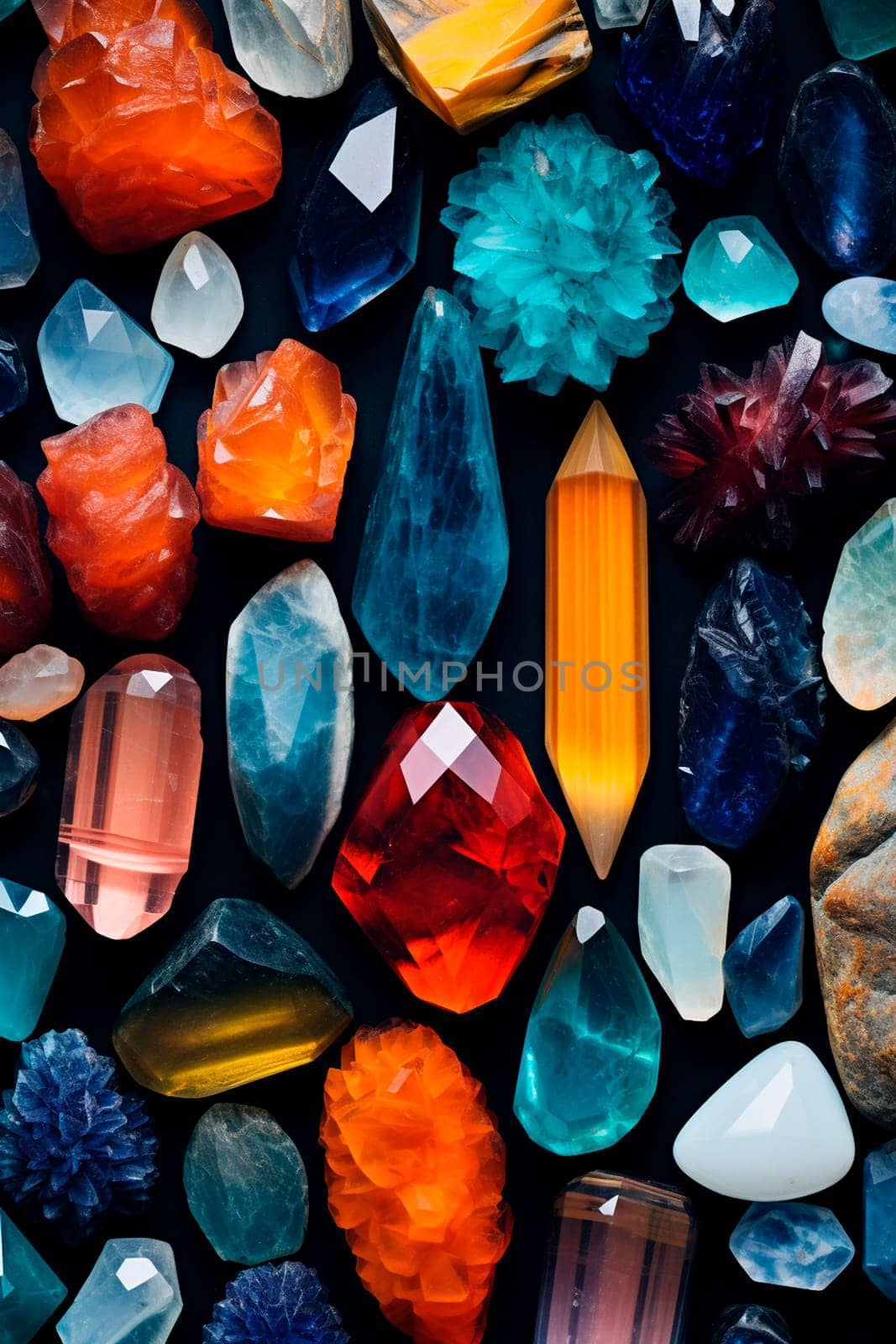 Crystals of different shapes and different colors. Generative AI, by yanadjana