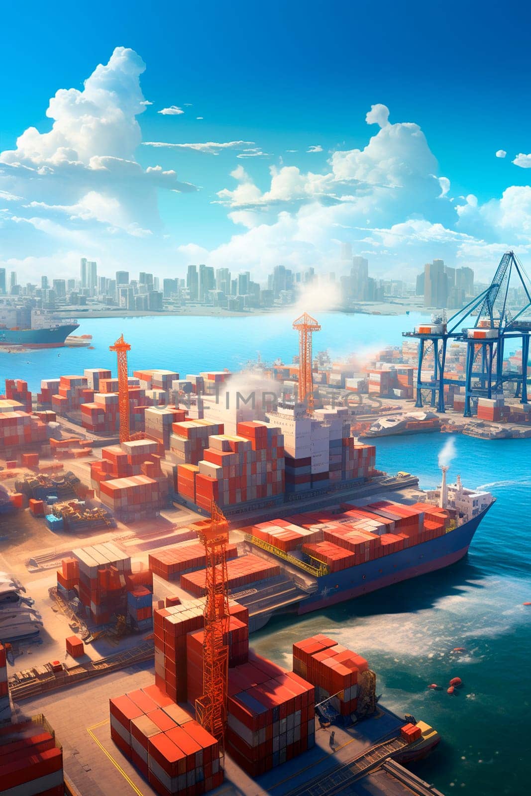 Seaport containers goods and liners. Generative AI, by yanadjana