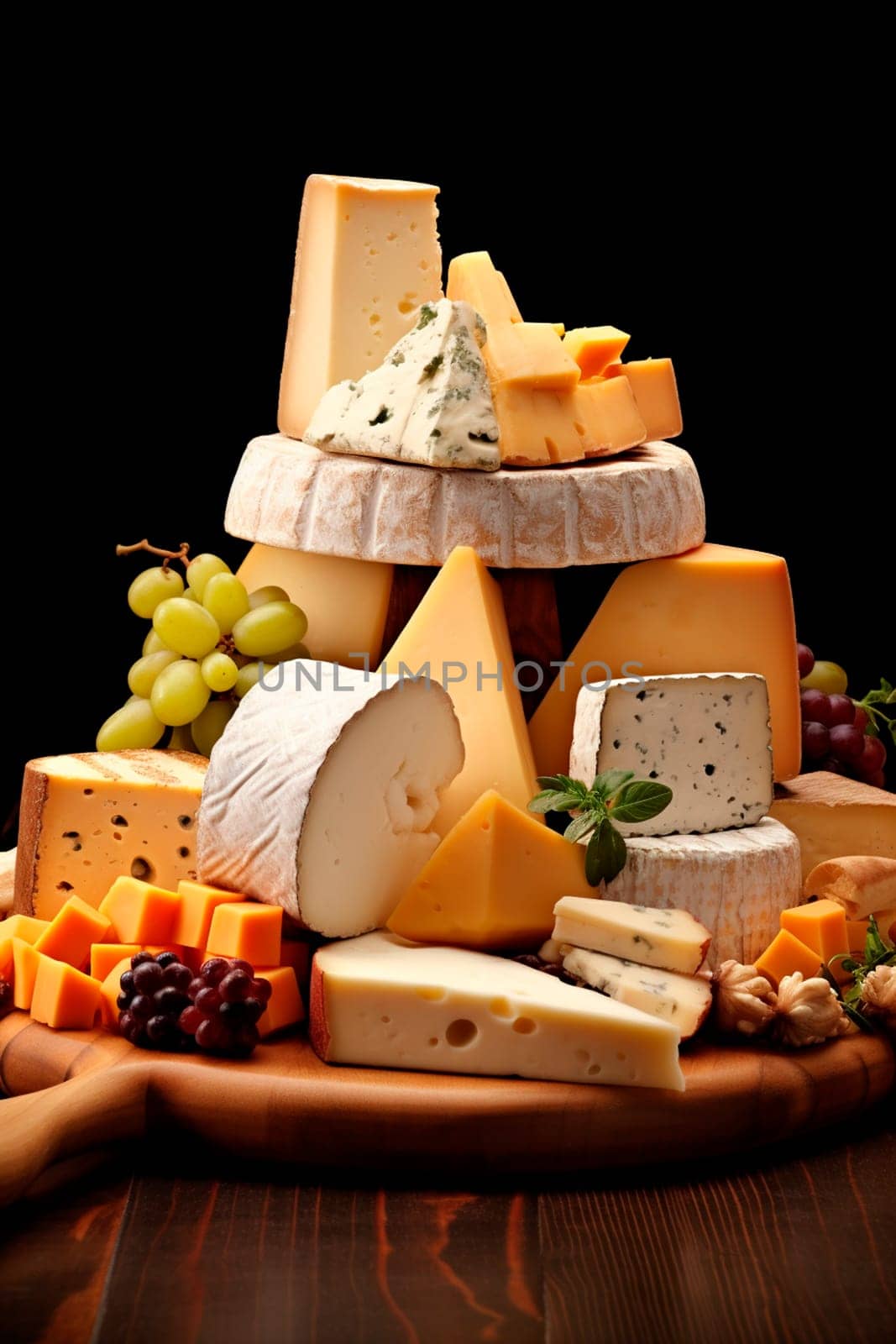 Various cheeses on a black background. Generative AI, Food.