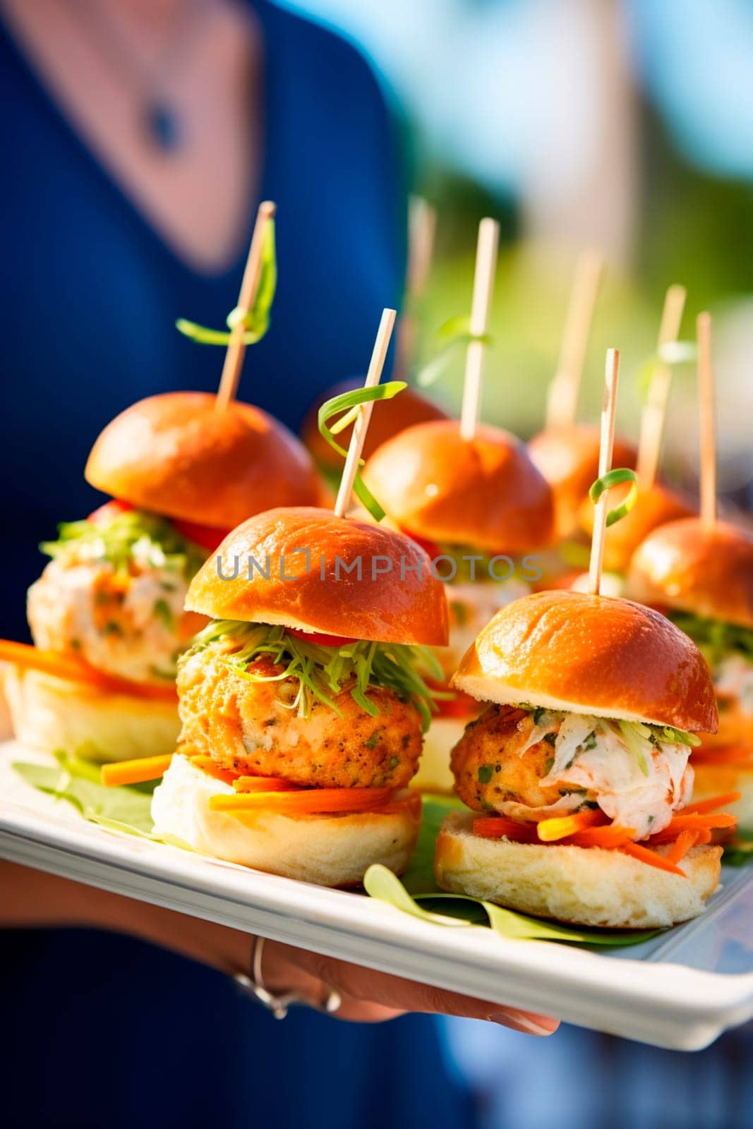 Mini burgers on a plate. Generative AI, Food.