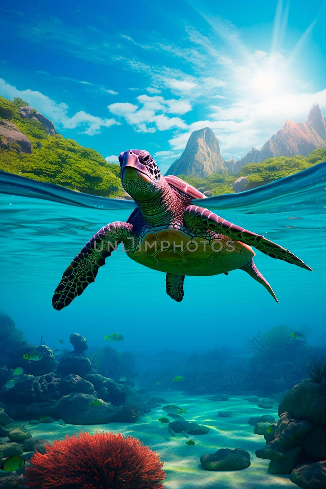 A turtle swims in the sea. Generative AI, by yanadjana