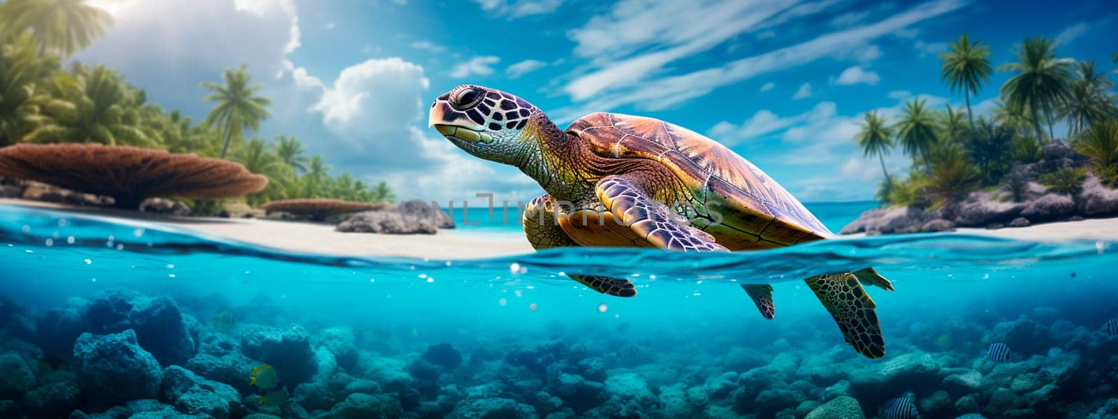 A turtle swims in the sea. Generative AI, Sea.