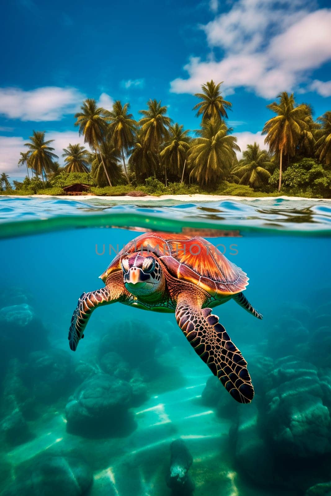 A turtle swims in the sea. Generative AI, Sea.