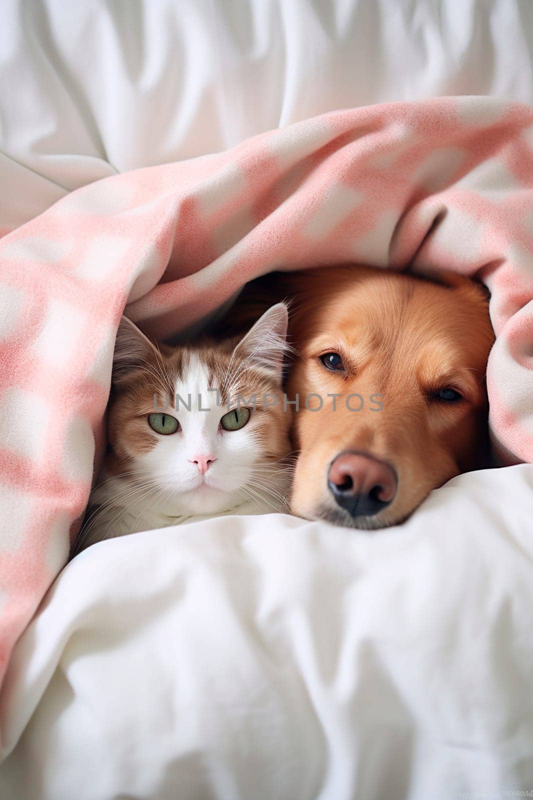 Kitten and puppy sleep in bed. Generative AI, animal.