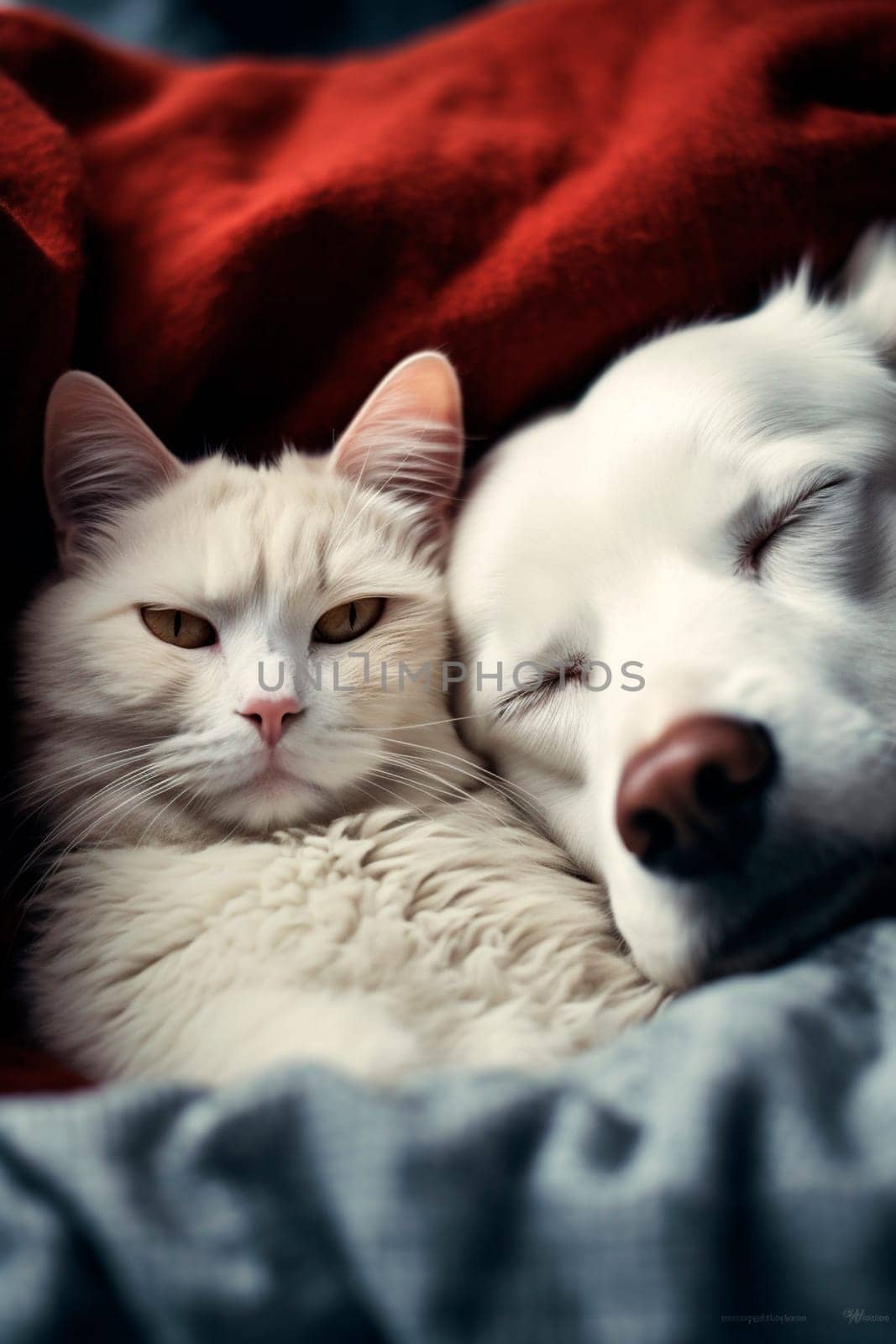Kitten and puppy sleep in bed. Generative AI, by yanadjana