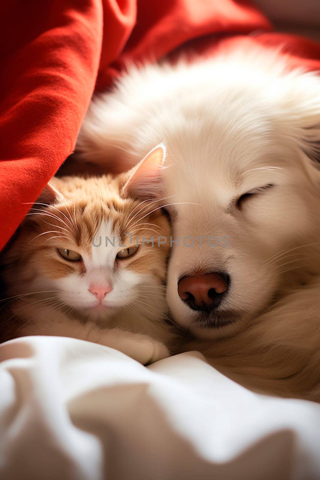 Kitten and puppy sleep in bed. Generative AI, by yanadjana