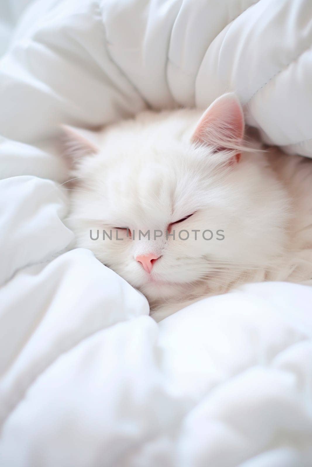 White cat sleeping in bed. Generative AI, Animal.