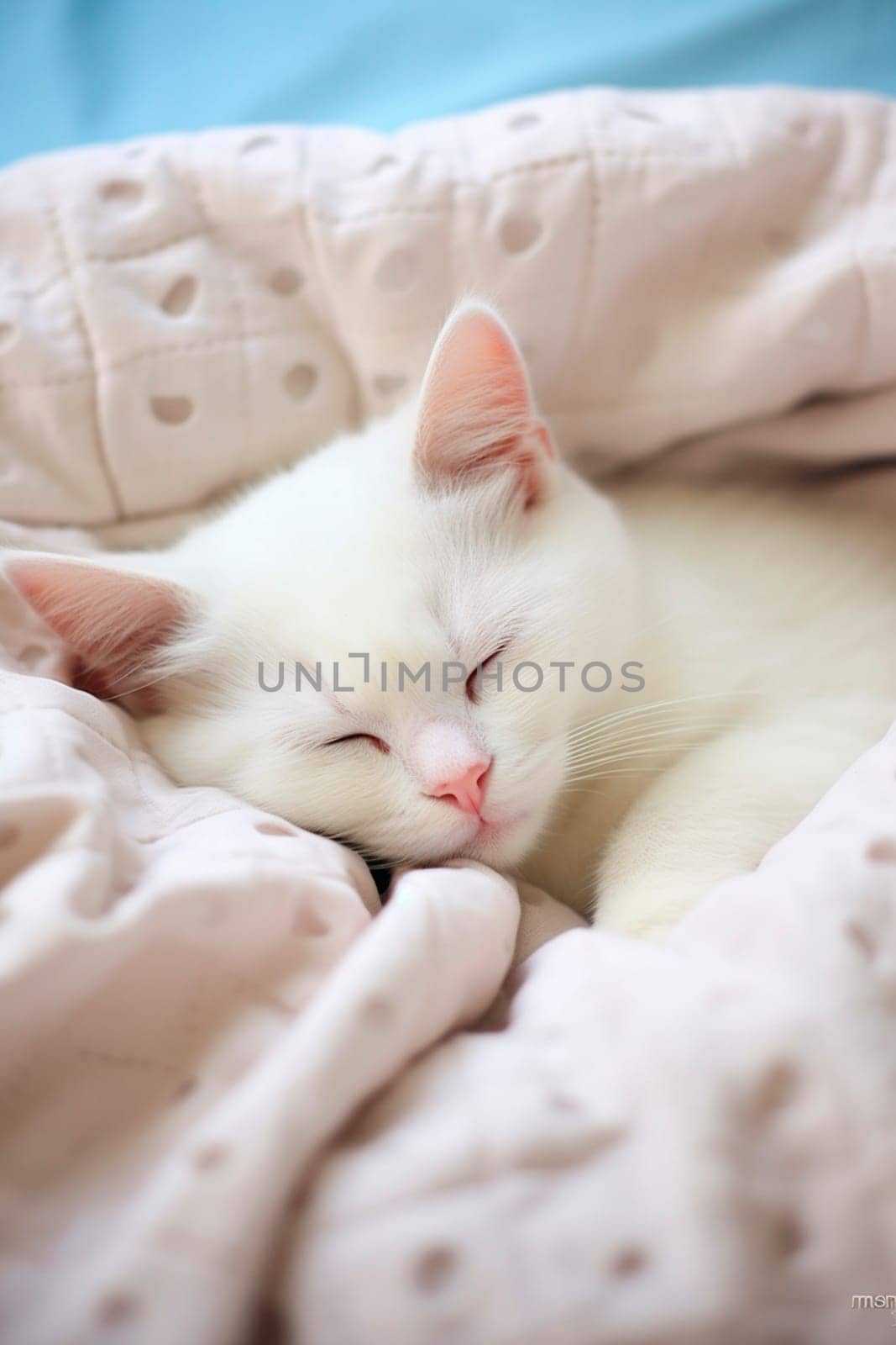 White cat sleeping in bed. Generative AI, Animal.
