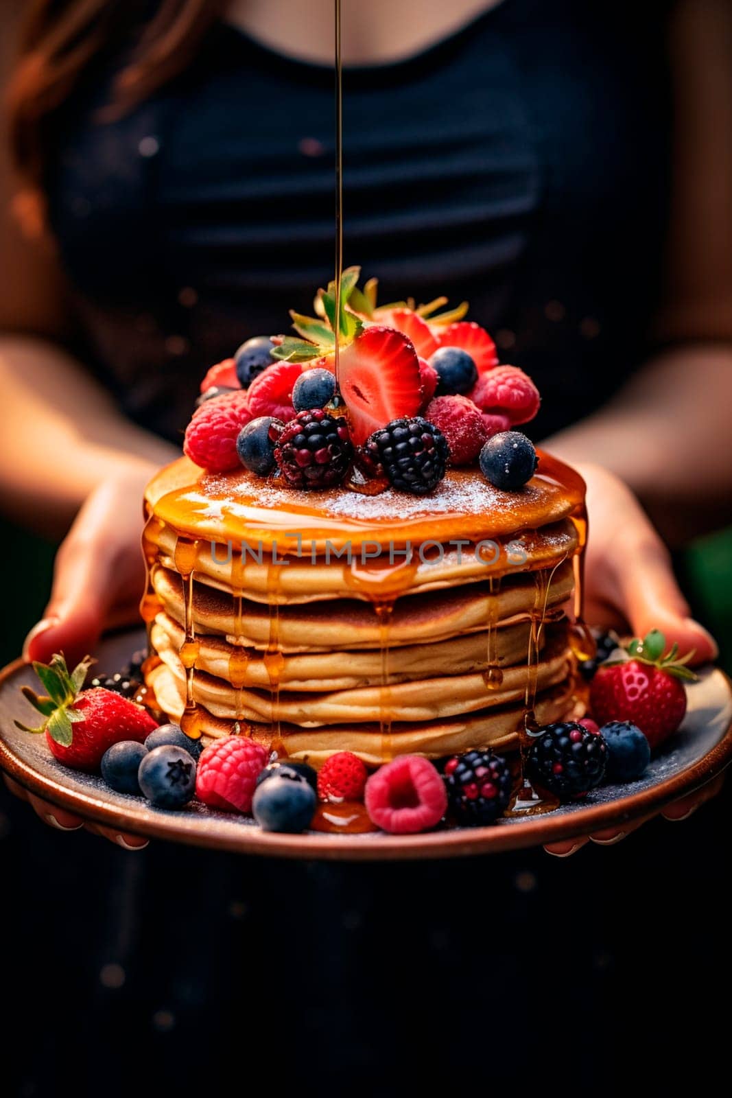 A woman holds pancakes with berries in her hands. Generative AI, Food.
