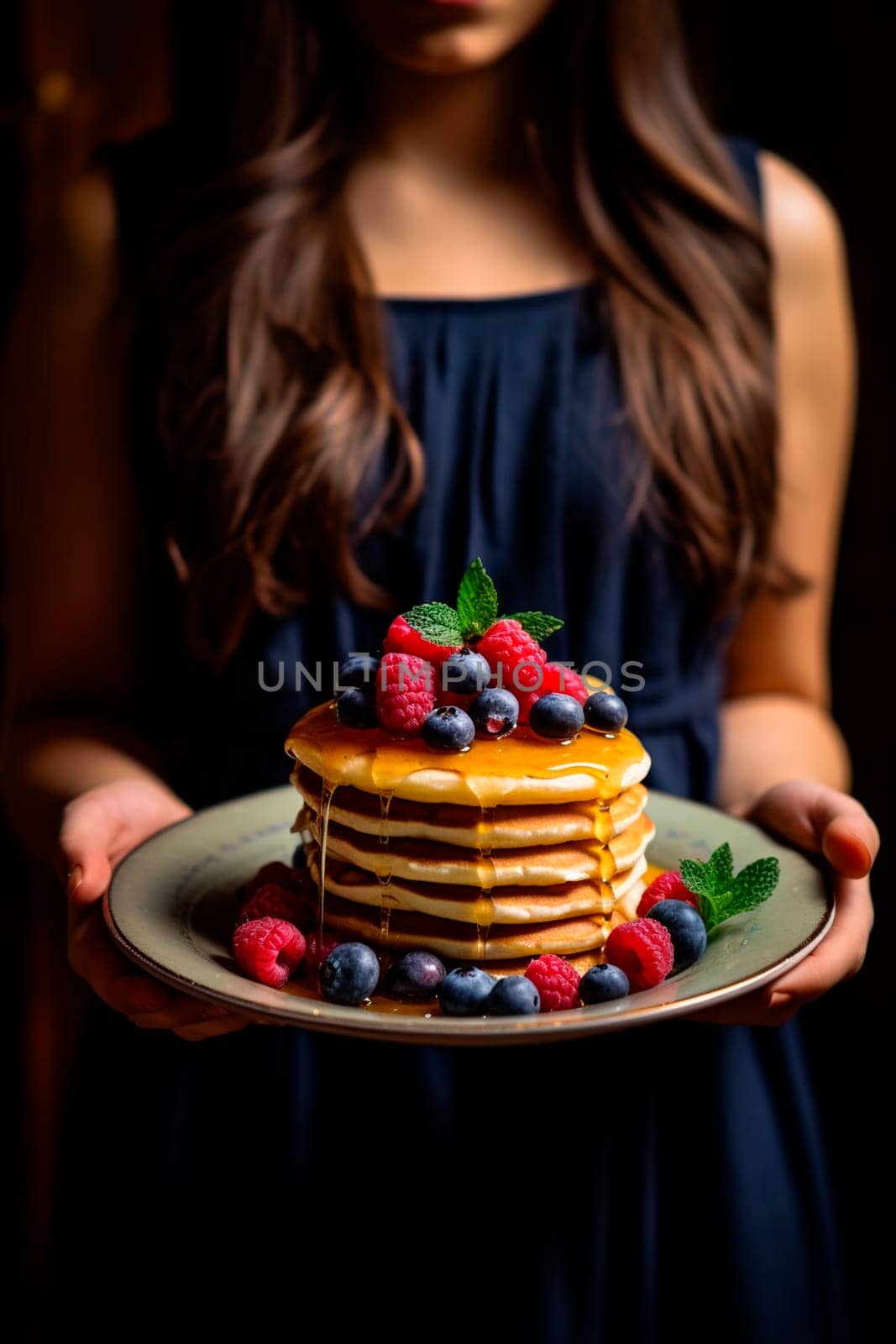 A woman holds pancakes with berries in her hands. Generative AI, Food.