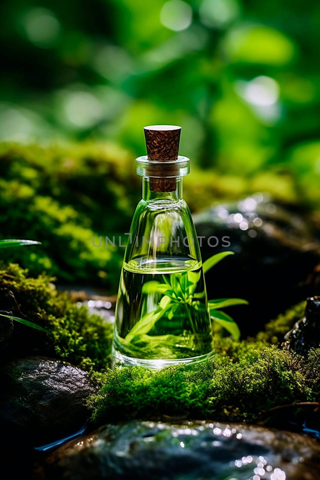 oil with moss on a forest background. Generative AI, Nature.