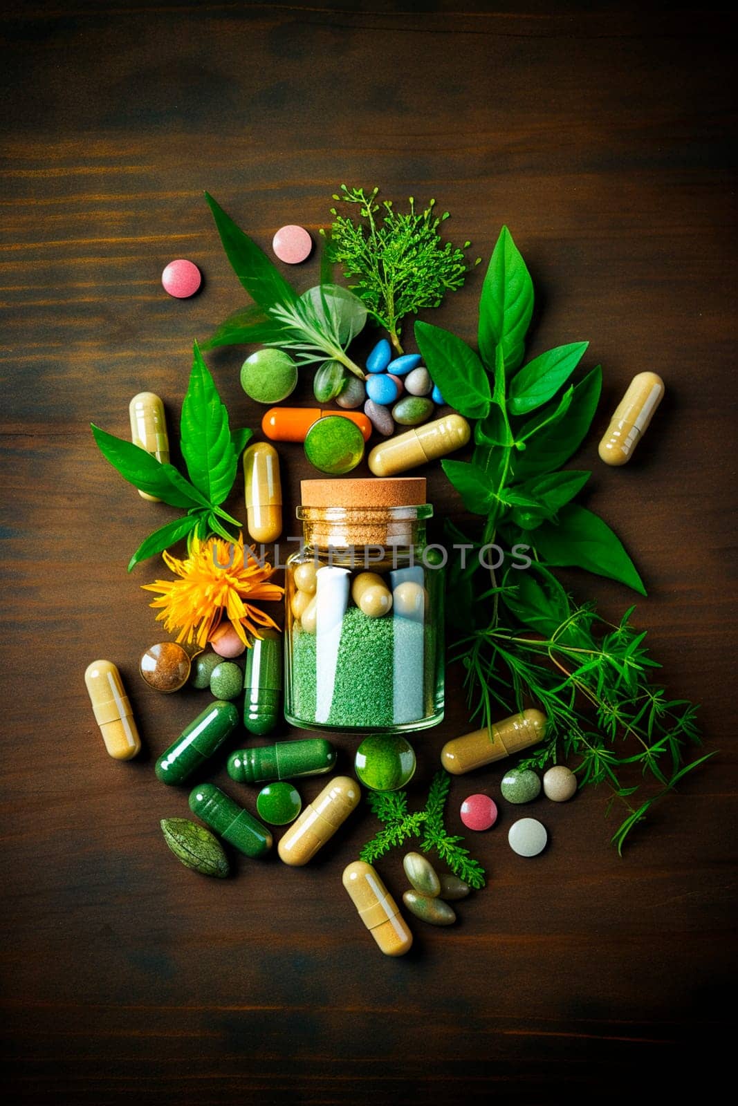 Supplements with leaves and herbs - alternative medicine. Generative AI, Nature.