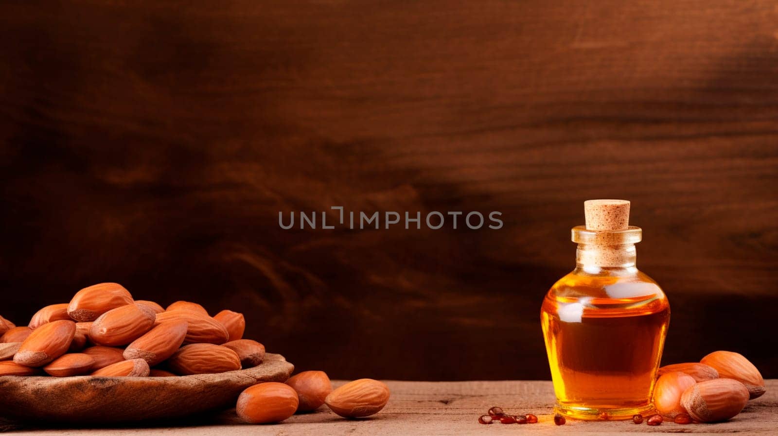 Argan essential oil on a wooden background. Generative AI, by yanadjana