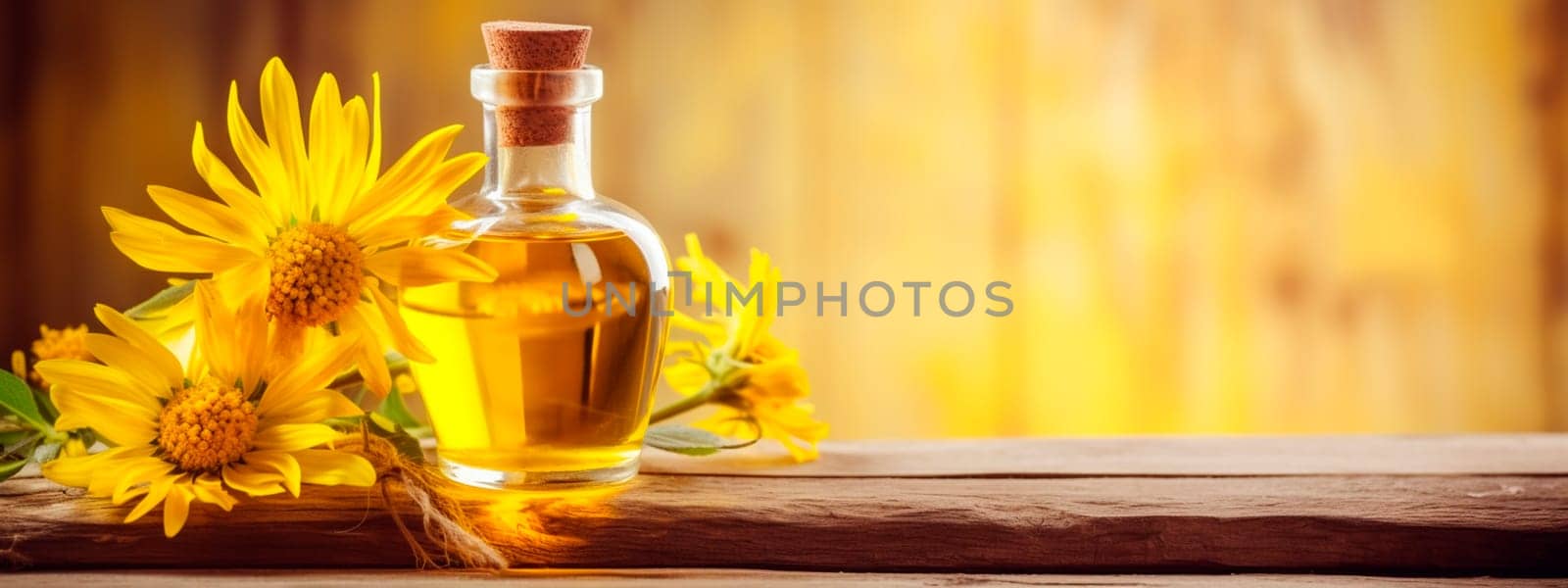 Arnica essential oil on wooden background. Generative AI, Nature.