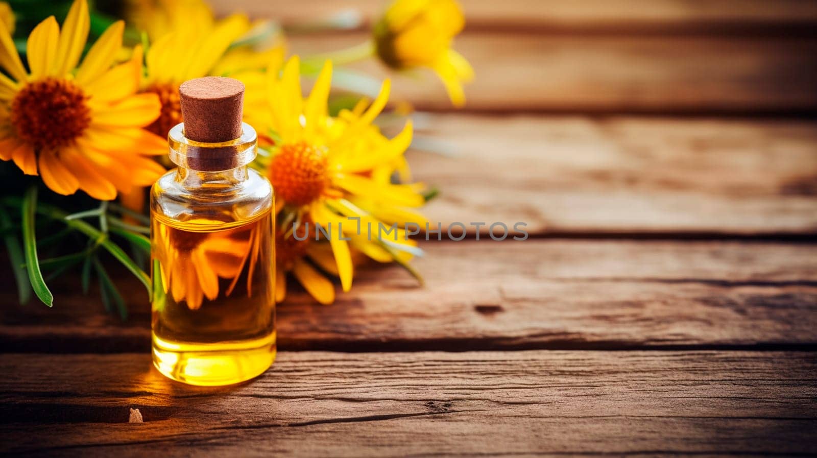 Arnica essential oil on wooden background. Generative AI, Nature.