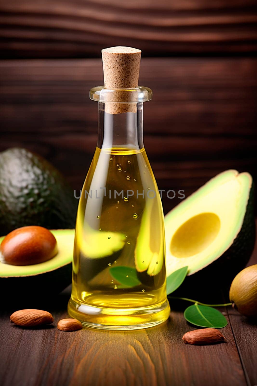 Avocado cosmetic oil on a wooden background. Generative AI, by yanadjana