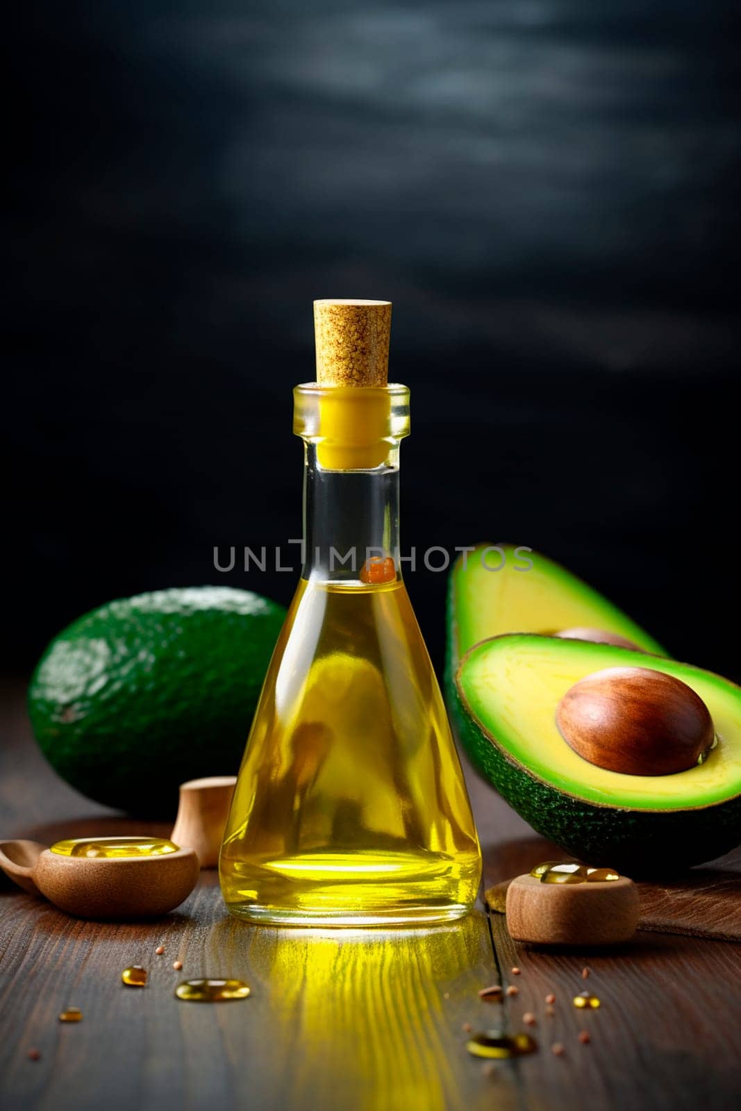 Avocado cosmetic oil on a wooden background. Generative AI, by yanadjana