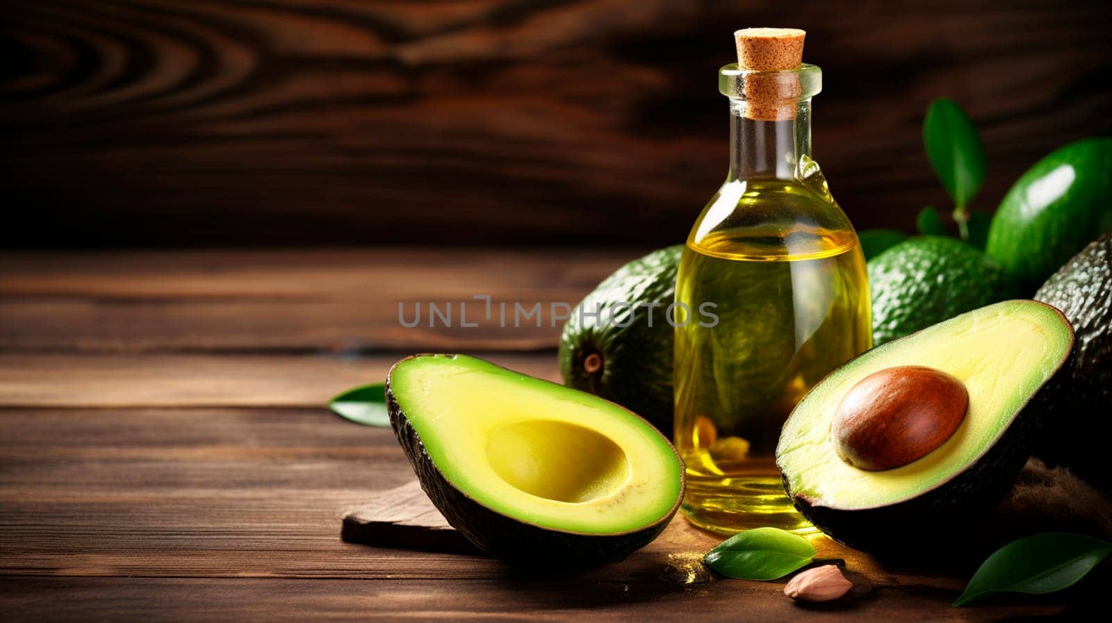 Avocado cosmetic oil on a wooden background. Generative AI, Nature.