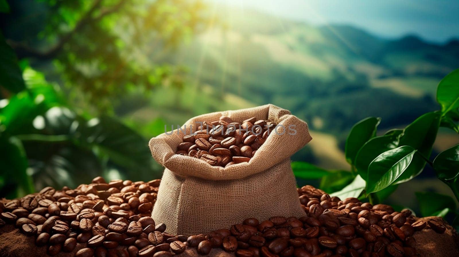A bag of coffee on a coffee plantation. Generative AI, by yanadjana