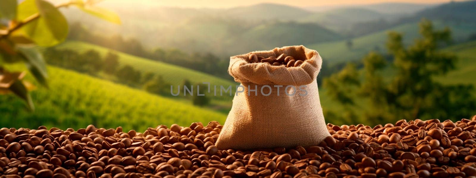 A bag of coffee on a coffee plantation. Generative AI, by yanadjana