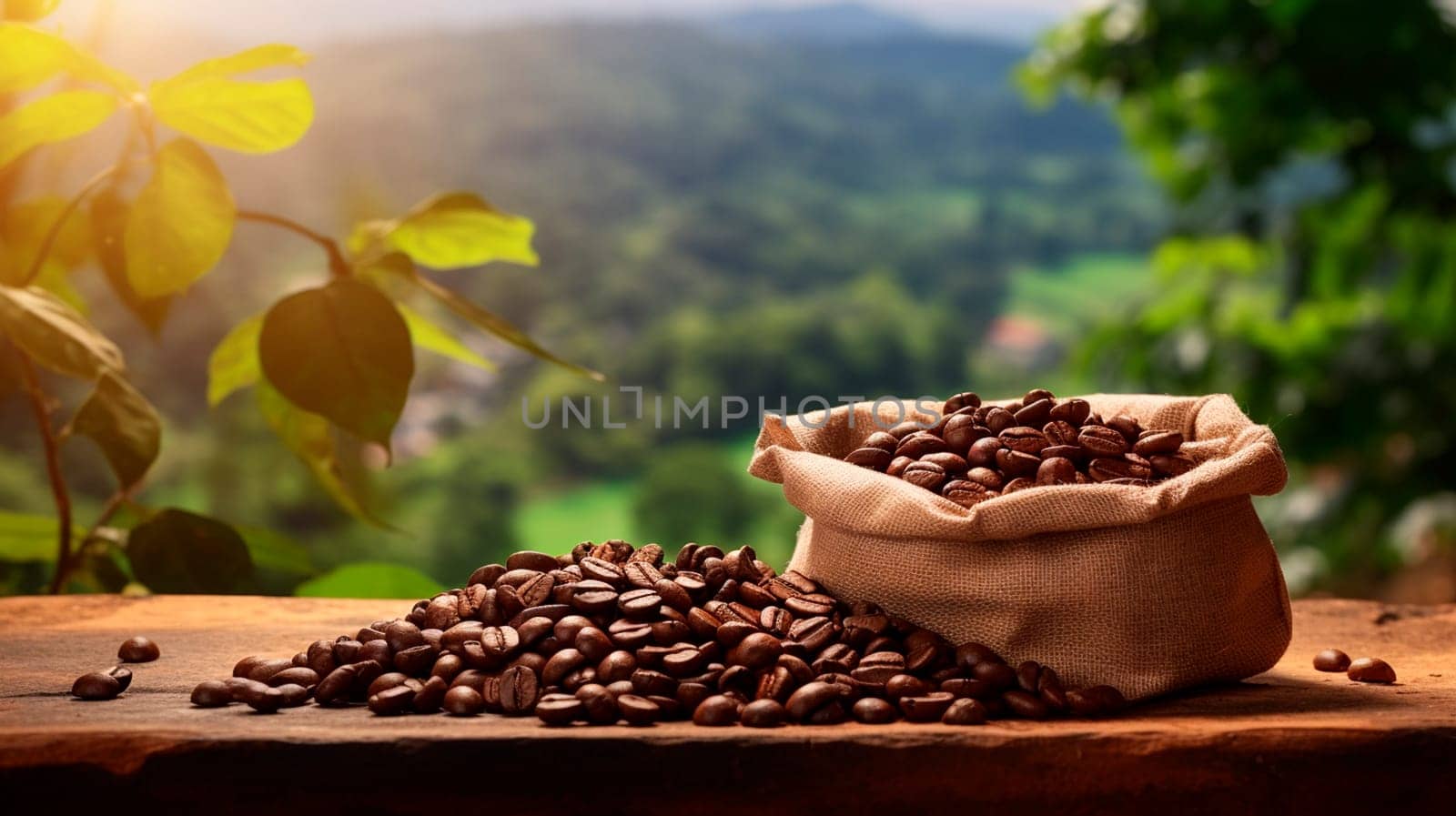 A bag of coffee on a coffee plantation. Generative AI, Food.