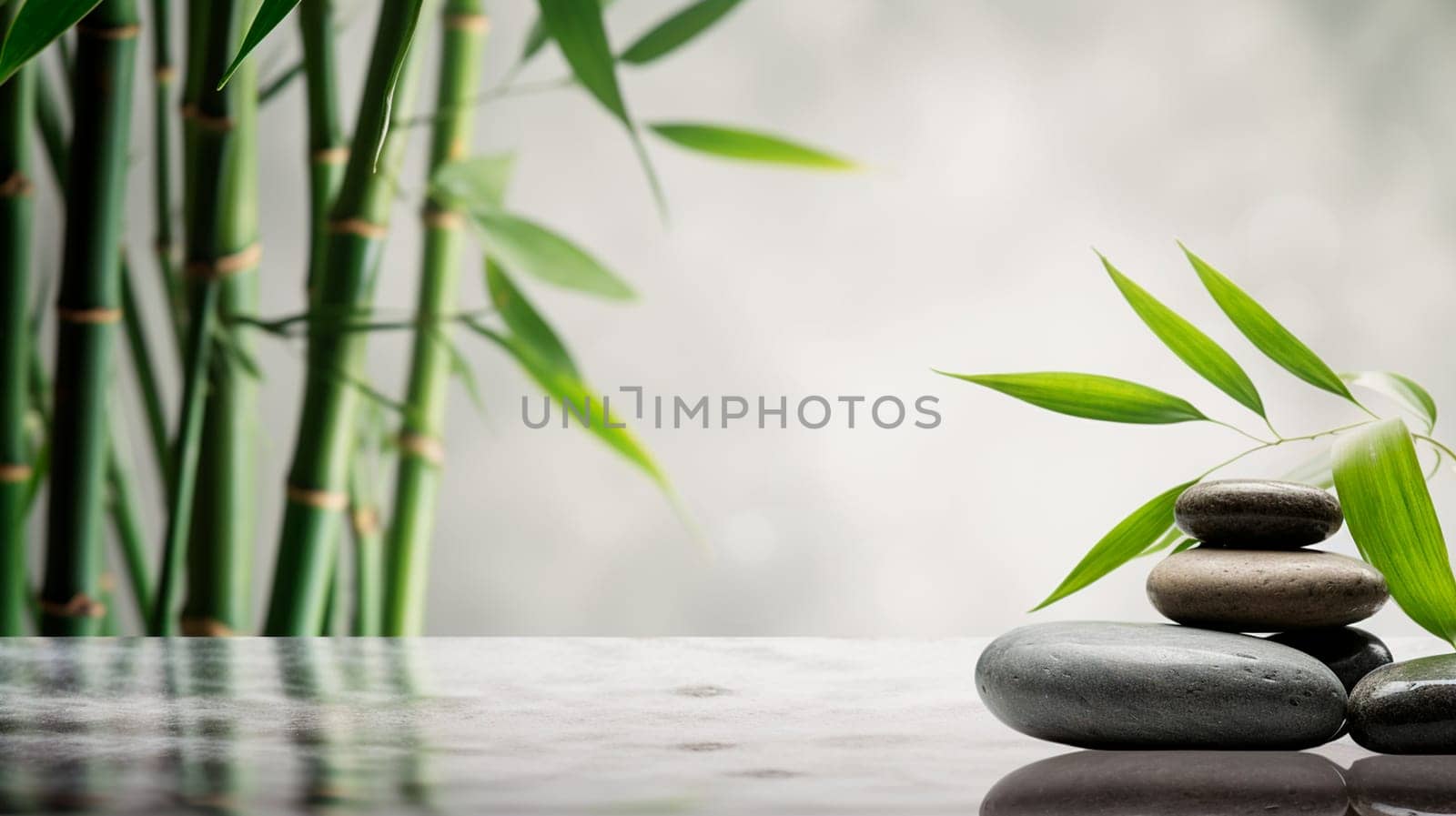 Stream stones and bamboo shoots feng shui spa. Generative AI, by yanadjana