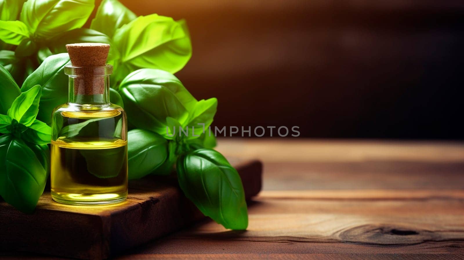 Basil essential oil on wooden background. Generative AI, by yanadjana