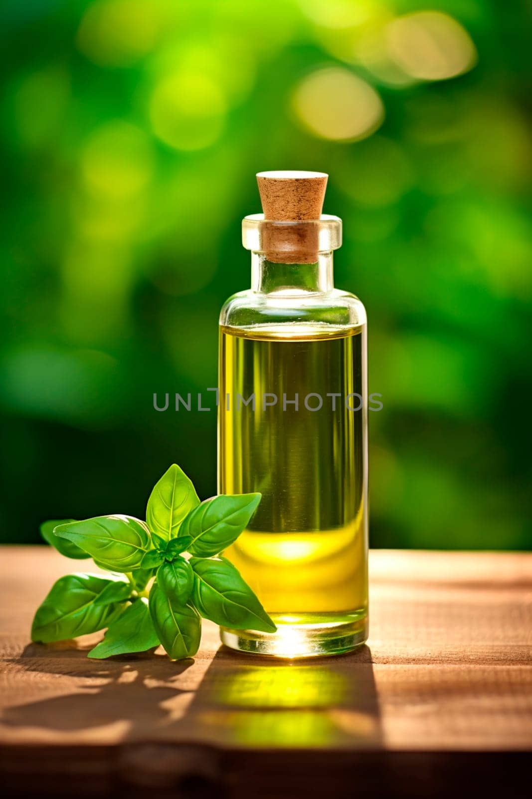 Basil essential oil on wooden background. Generative AI, by yanadjana