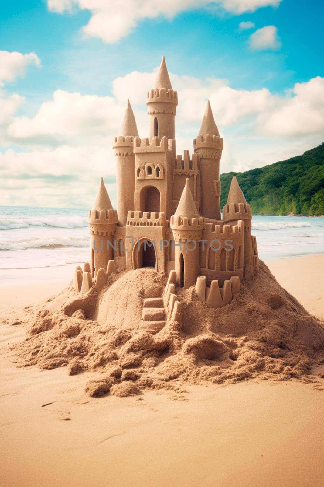 Sand castle on the seashore. Generative AI, by yanadjana