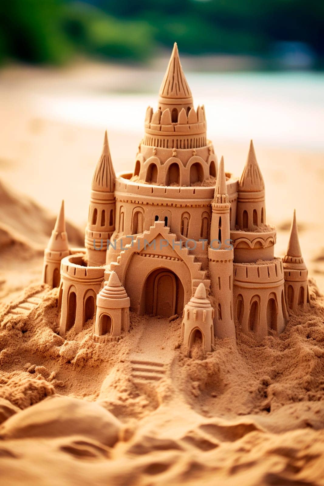 Sand castle on the seashore. Generative AI, Sea.