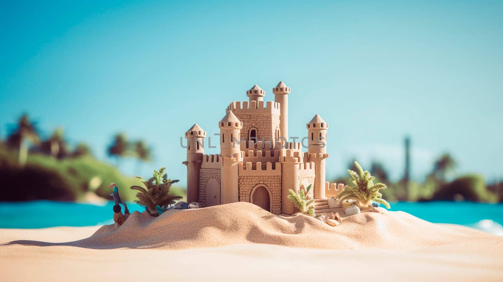 Sand castle on the seashore. Generative AI, by yanadjana