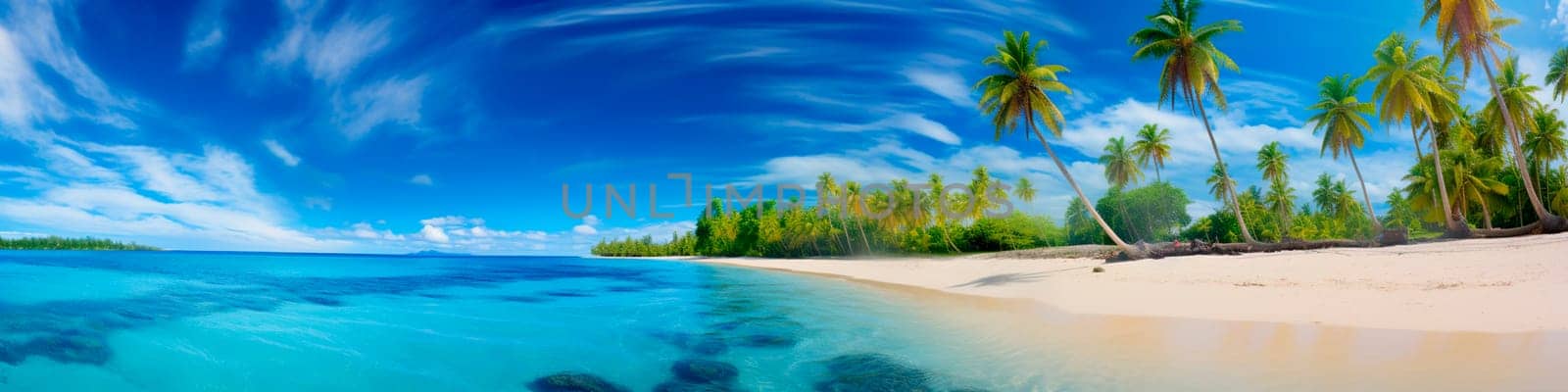 Exotic beach with palm trees and sea banner. Generative AI, Nature.