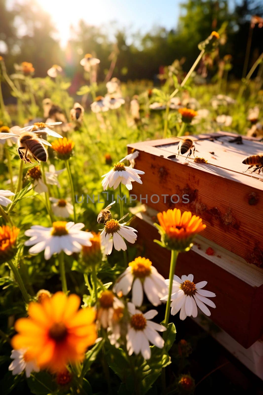 Beehive apiary bees and flowers in the meadow. Generative AI, animal.