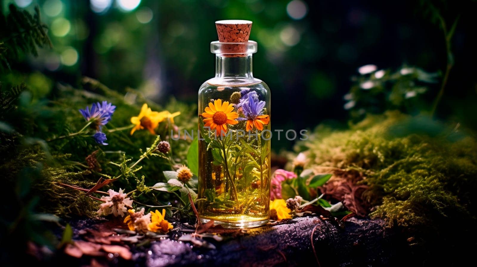 Tincture extract of herbs and flowers in a bottle. Generative AI, Nature.