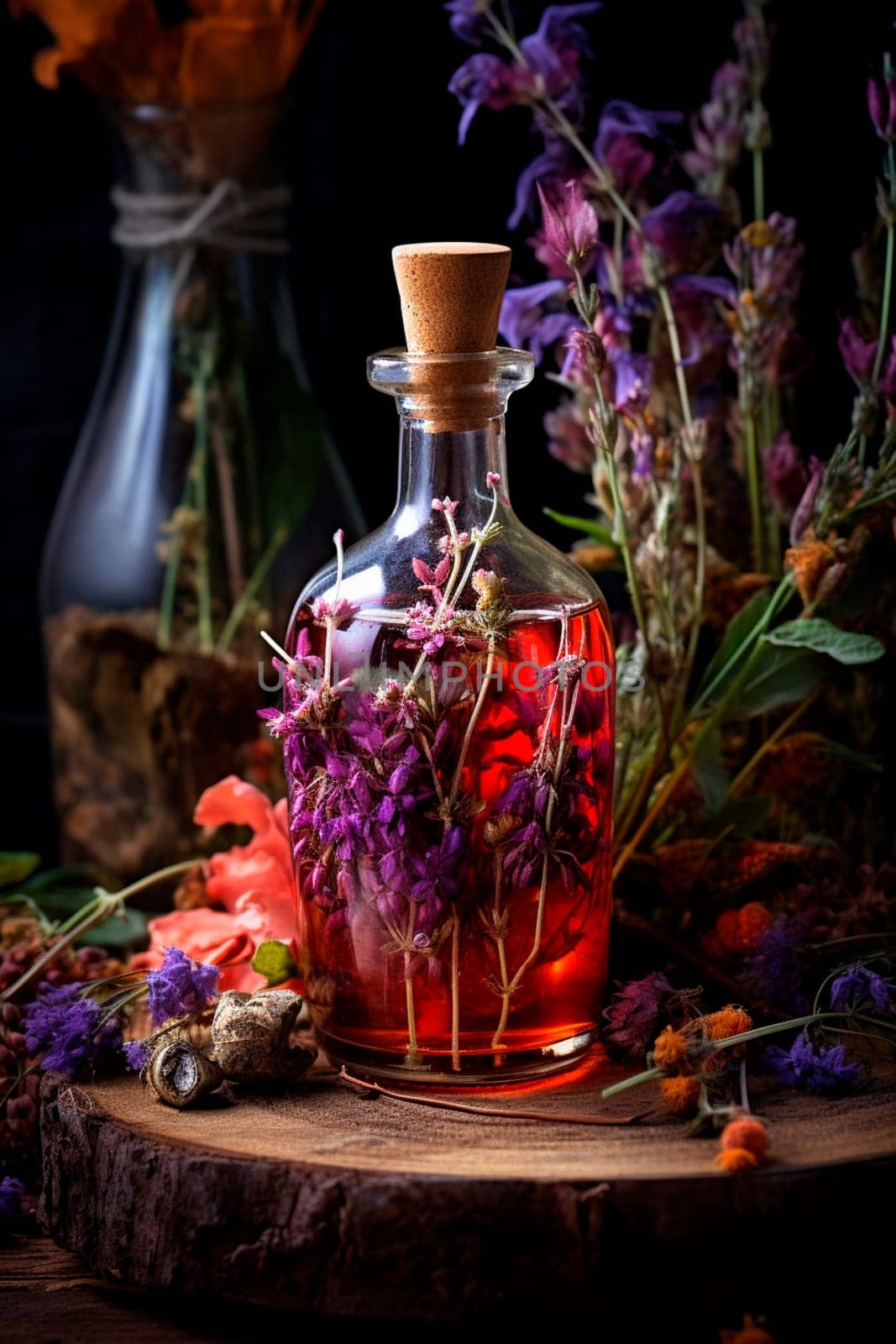 Tincture extract of herbs and flowers in a bottle. Generative AI, by yanadjana
