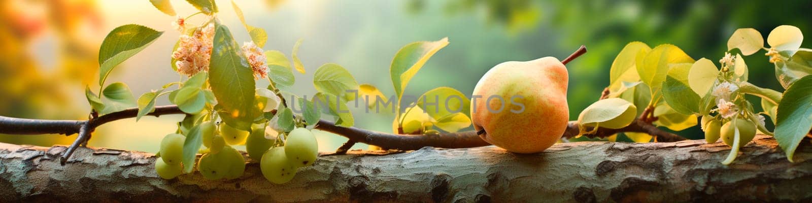 Garden pear fruits on summer branches. Generative AI, by yanadjana