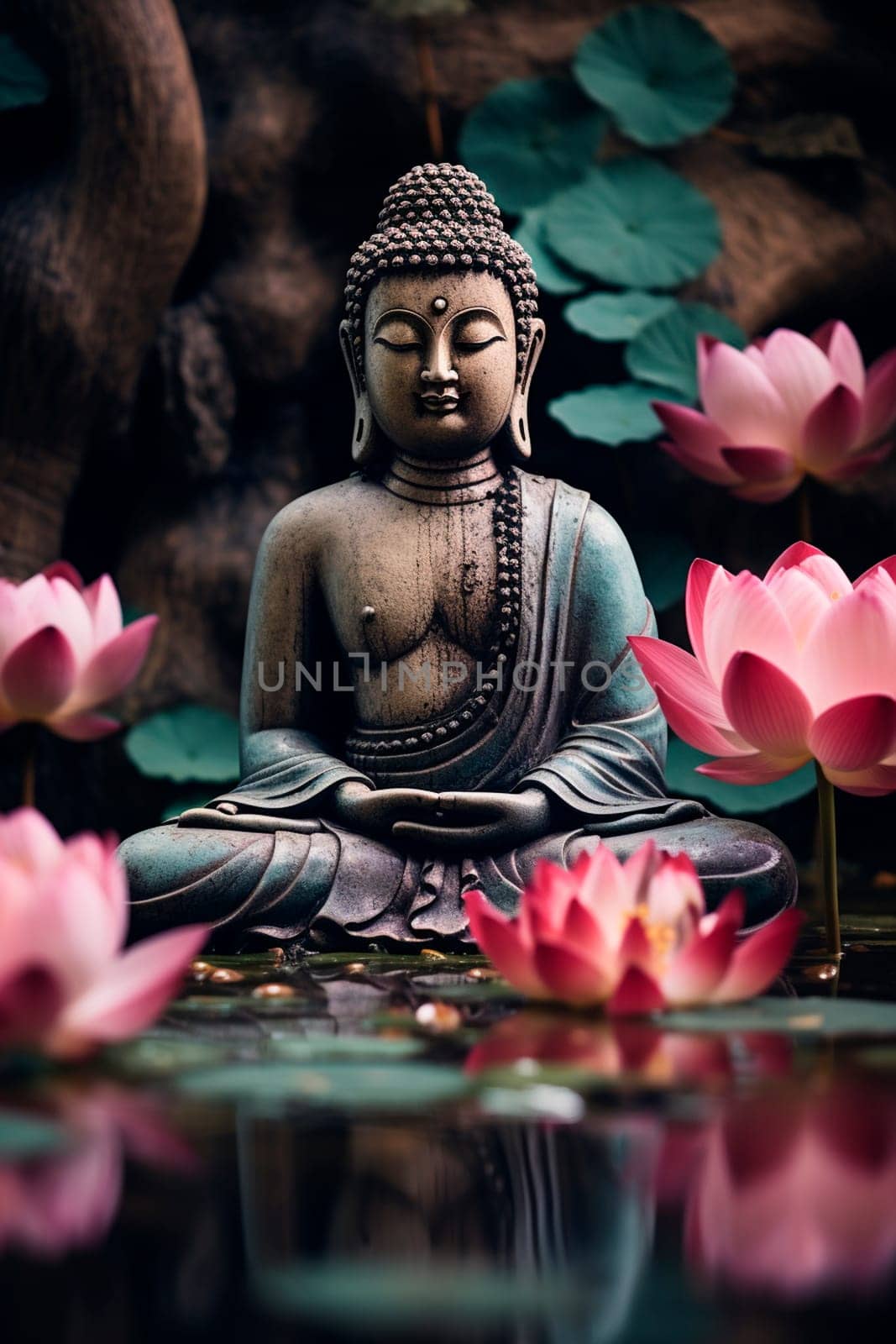 Buddha and lotus flowers feng shui. Generative AI, Spa.