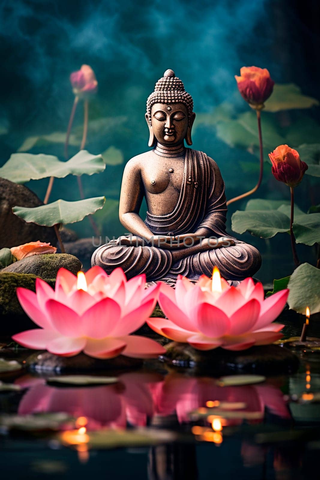 Buddha and lotus flowers feng shui. Generative AI, Spa.