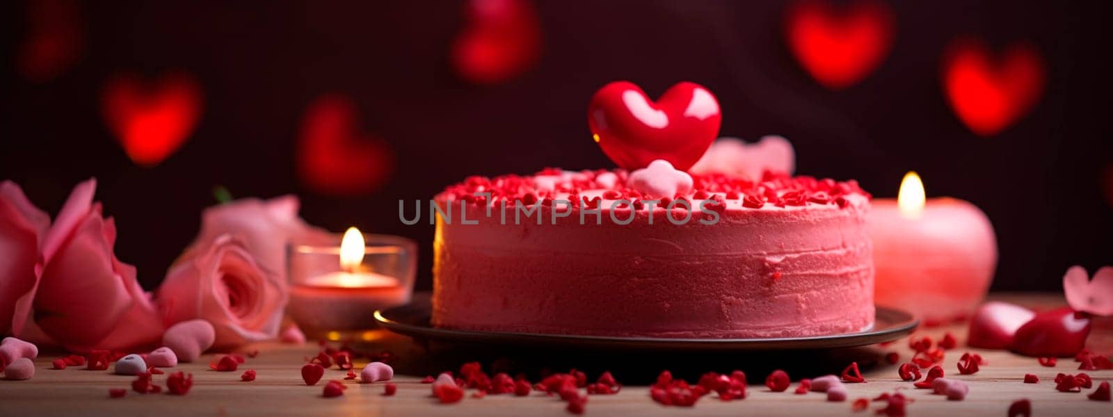 Pink cake with flowers and hearts for Valentine's day. Generative AI, by yanadjana