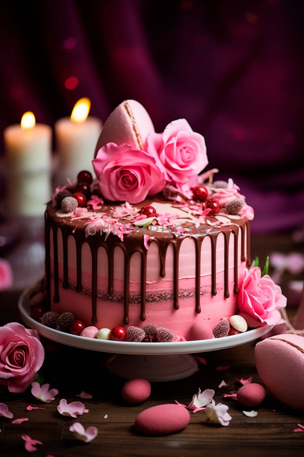 Pink cake with flowers and hearts for Valentine's day. Generative AI, Love.