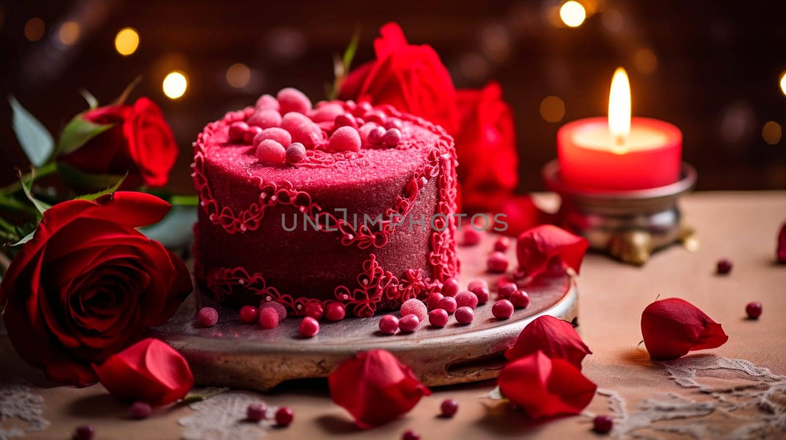 Pink cake with flowers and hearts for Valentine's day. Generative AI, by yanadjana