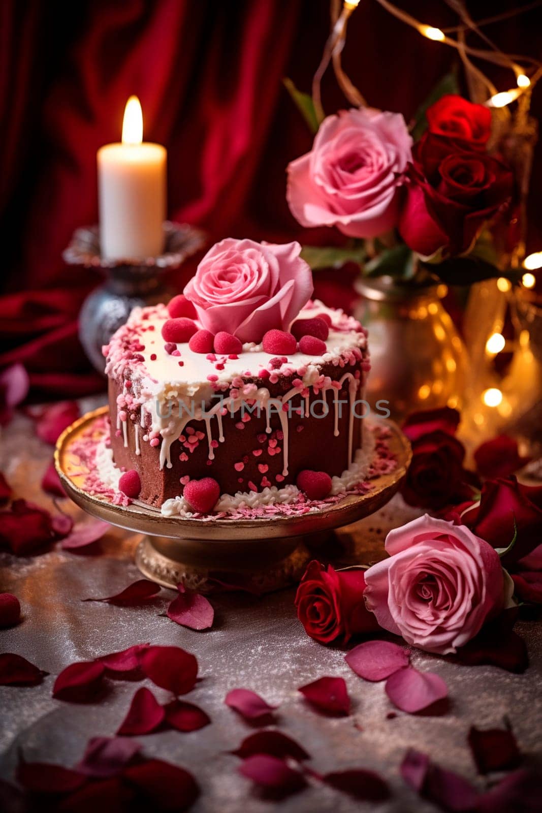 Pink cake with flowers and hearts for Valentine's day. Generative AI, Love.