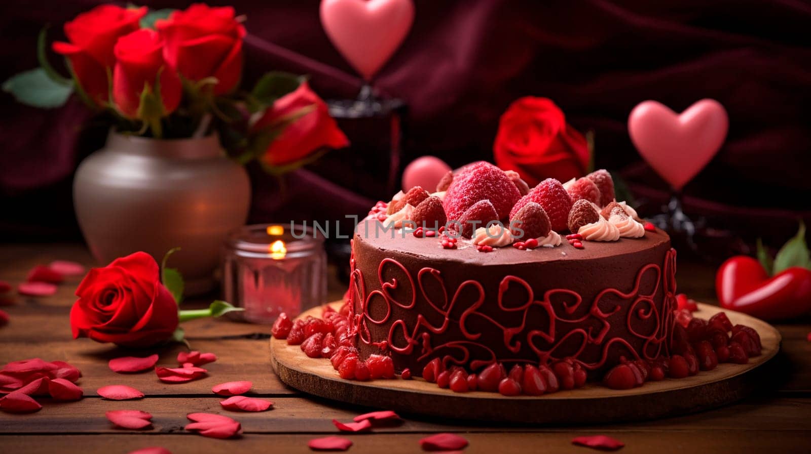 Pink cake with flowers and hearts for Valentine's day. Generative AI, by yanadjana