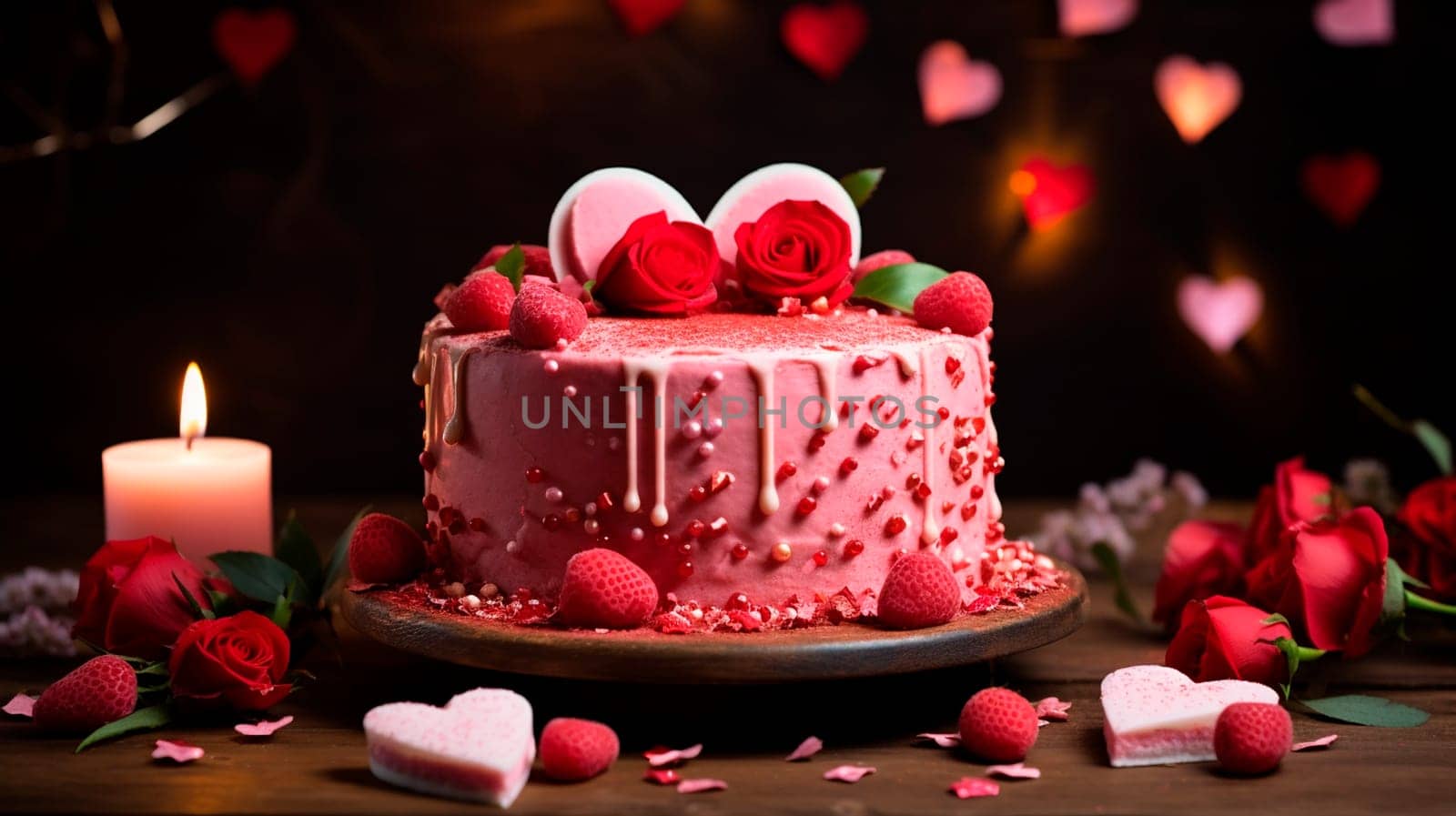 Pink cake with flowers and hearts for Valentine's day. Generative AI, by yanadjana