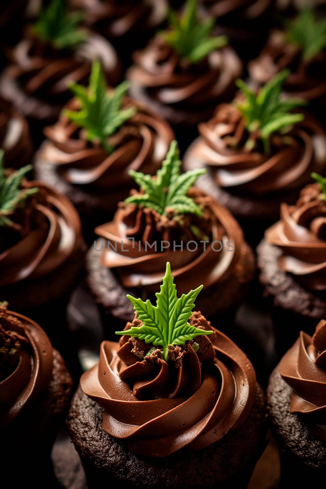 Cannabis cupcakes with leaf. Generative AI, Nature.